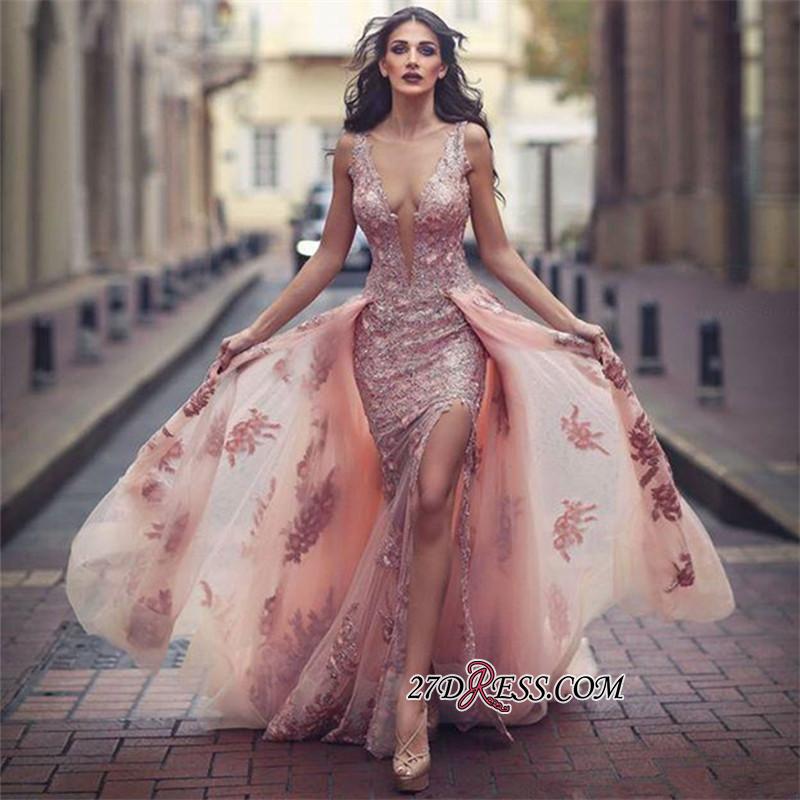 V-neck Slit Lace Amazing Front Tulle Pink Overskirt Appliques Evening Dress UK JJ0156