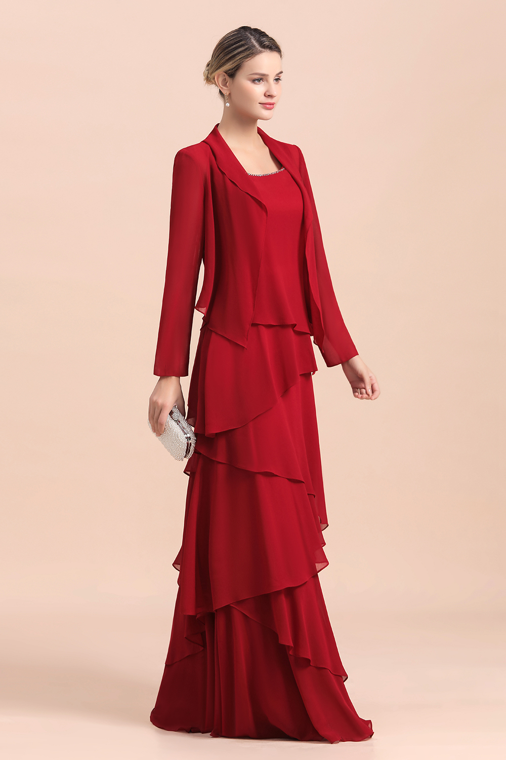 Burgundy Chiffon Mother of the Bride Dress Ruffles With Jacket
