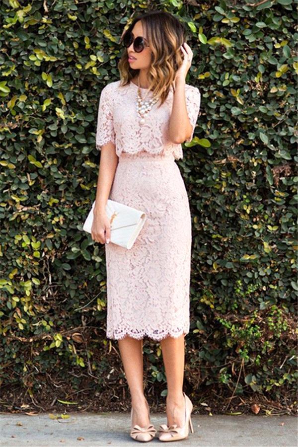 Cute Two-Piece Short-Sleeve Pink Lace Short Homecoming Dress UK Formal Dress