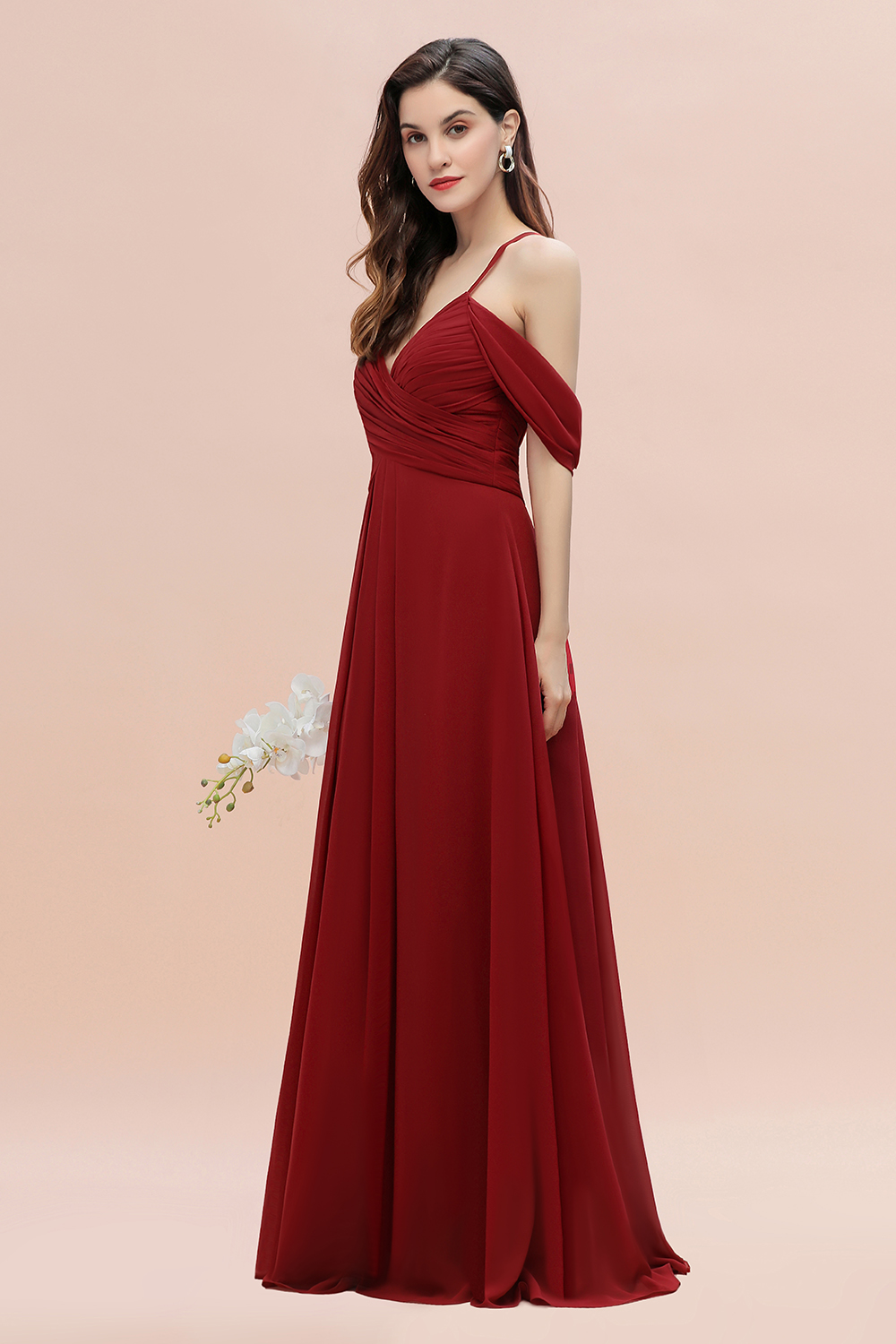 Elegant V-Neck Ruched Chiffon Bridesmaid Dress Straps Cross Back Wedding Guest Dress-27Dress.co.uk