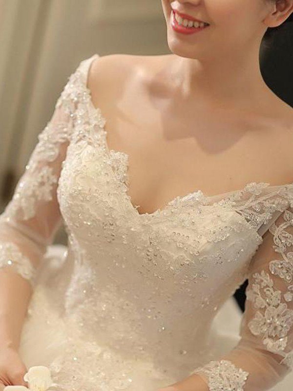 Tulle Ball Gown 3/4 Sleeves Beads Applique Cathedral Train Off-the-Shoulder Wedding Dresses UK
