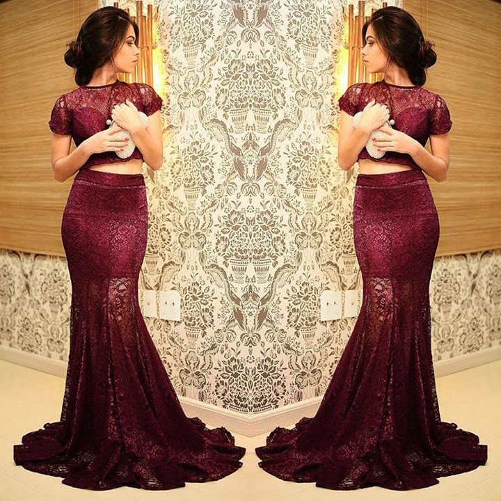 Elegant Mermaid Two Piece Lace Prom Dress UK Short Sleeve