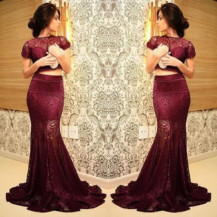 Elegant Mermaid Two Piece Lace Prom Dress UK Short Sleeve