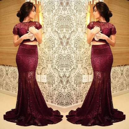 Elegant Mermaid Two Piece Lace Prom Dress UK Short Sleeve