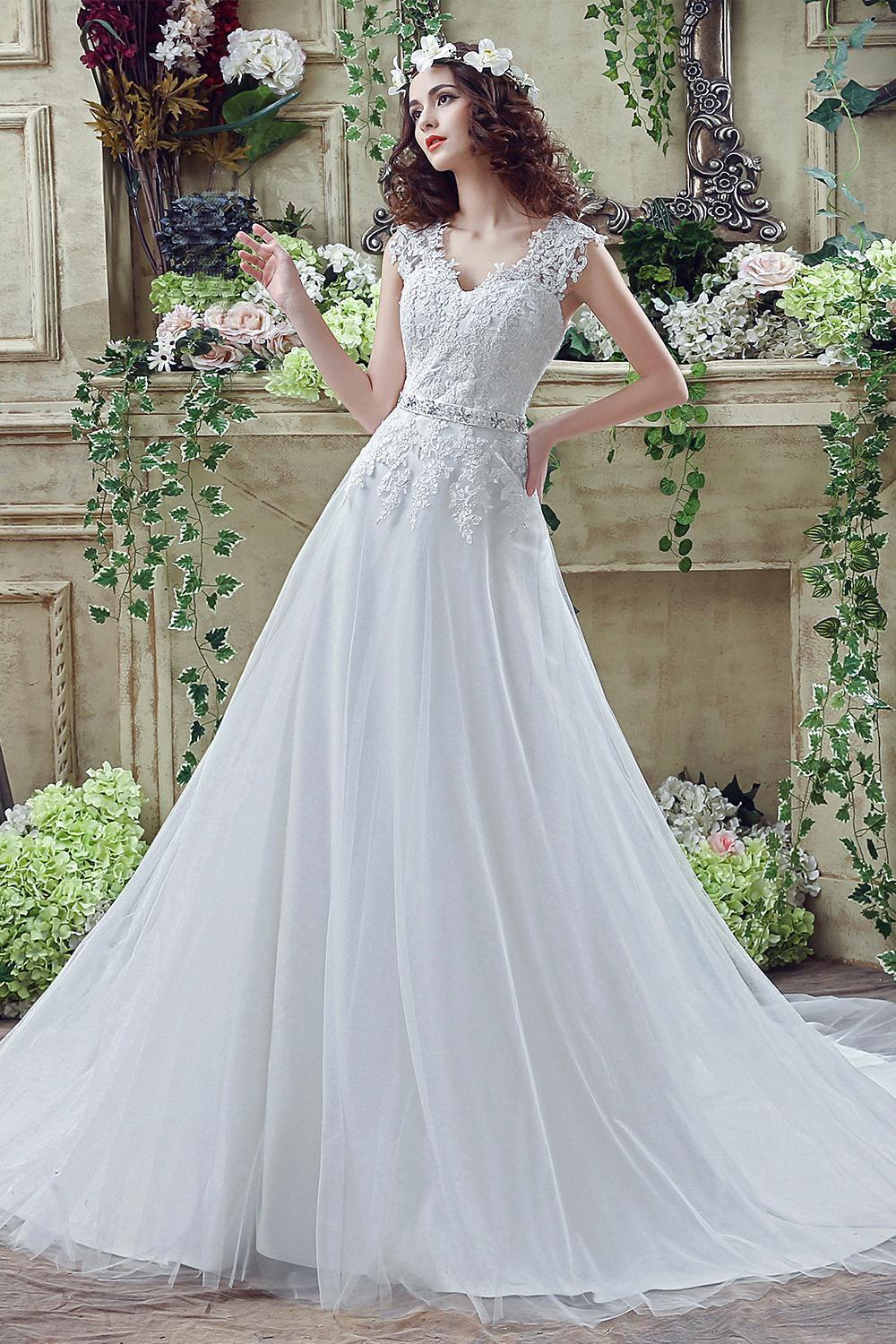 Timeless Lace Appliques Tulle Wedding Dress Cap Sleeve Beadss Zipper
