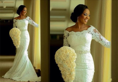 Elegant Half-Sleeve Lace Wedding Dress Sexy Mermaid Crystal Bow Back-27Dress.co.uk