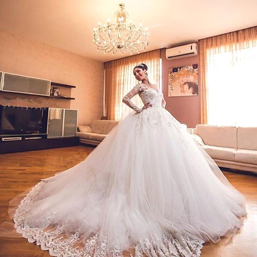 Delicate Lace Appliques Ball Gown Wedding Dress Long Sleeve Tulle