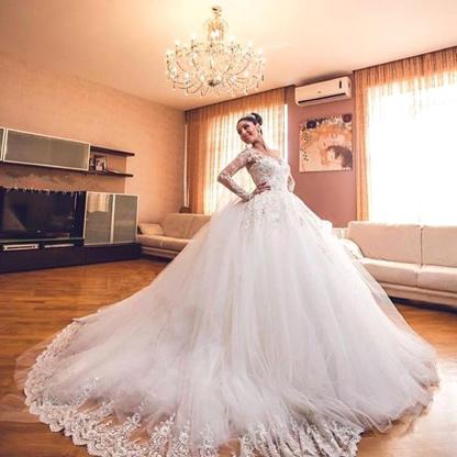 Delicate Lace Appliques Ball Gown Wedding Dress Long Sleeve Tulle