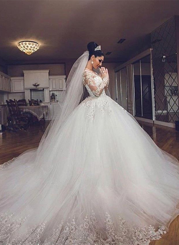 Delicate Lace Appliques Ball Gown Wedding Dress Long Sleeve Tulle