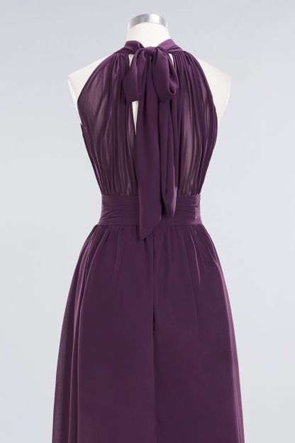 Gorgeous Grape Halter Long Bridesmaid Dress Ruffle Chiffon Wedding Guest Dress