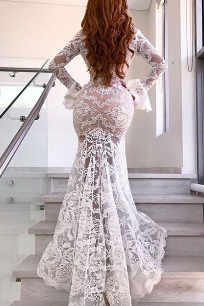 Elegant Long Sleeve V-Neck Prom Dress UK | Lace Evening Party Dress UK With Slit