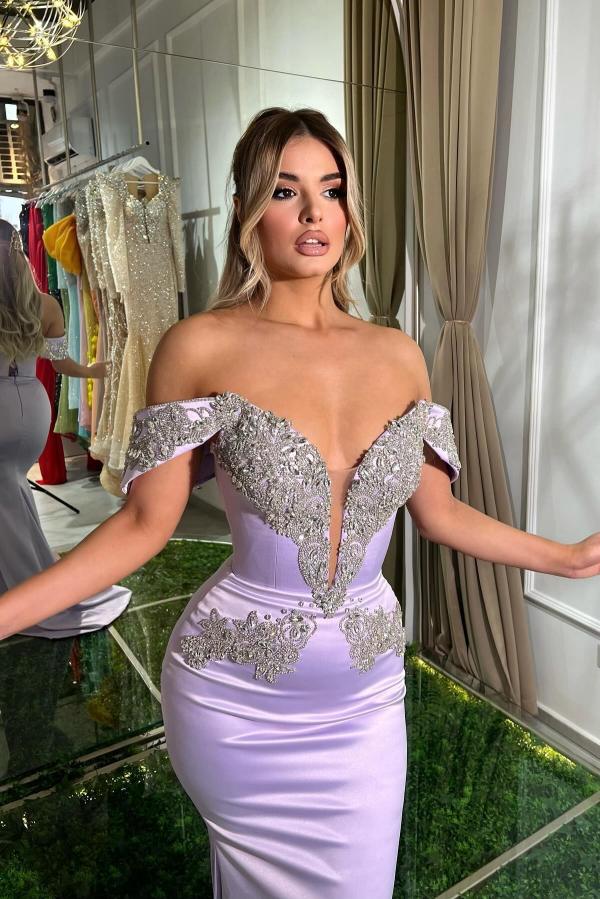 Off-the-Shoulder Lilac Satin Bodycon Prom Dresses Crystals Long Mermaid Evening Gowns-27Dress.co.uk
