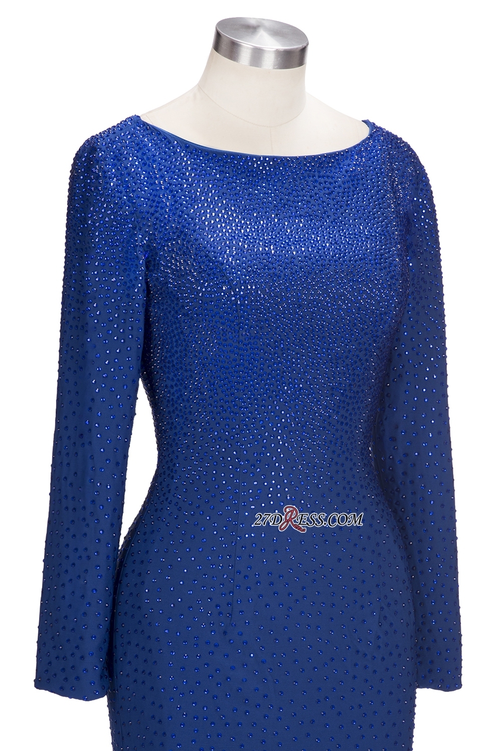 Knee-Length Beading Sheath Long-Sleeves Royal-Blue Formal Dress UKes UK