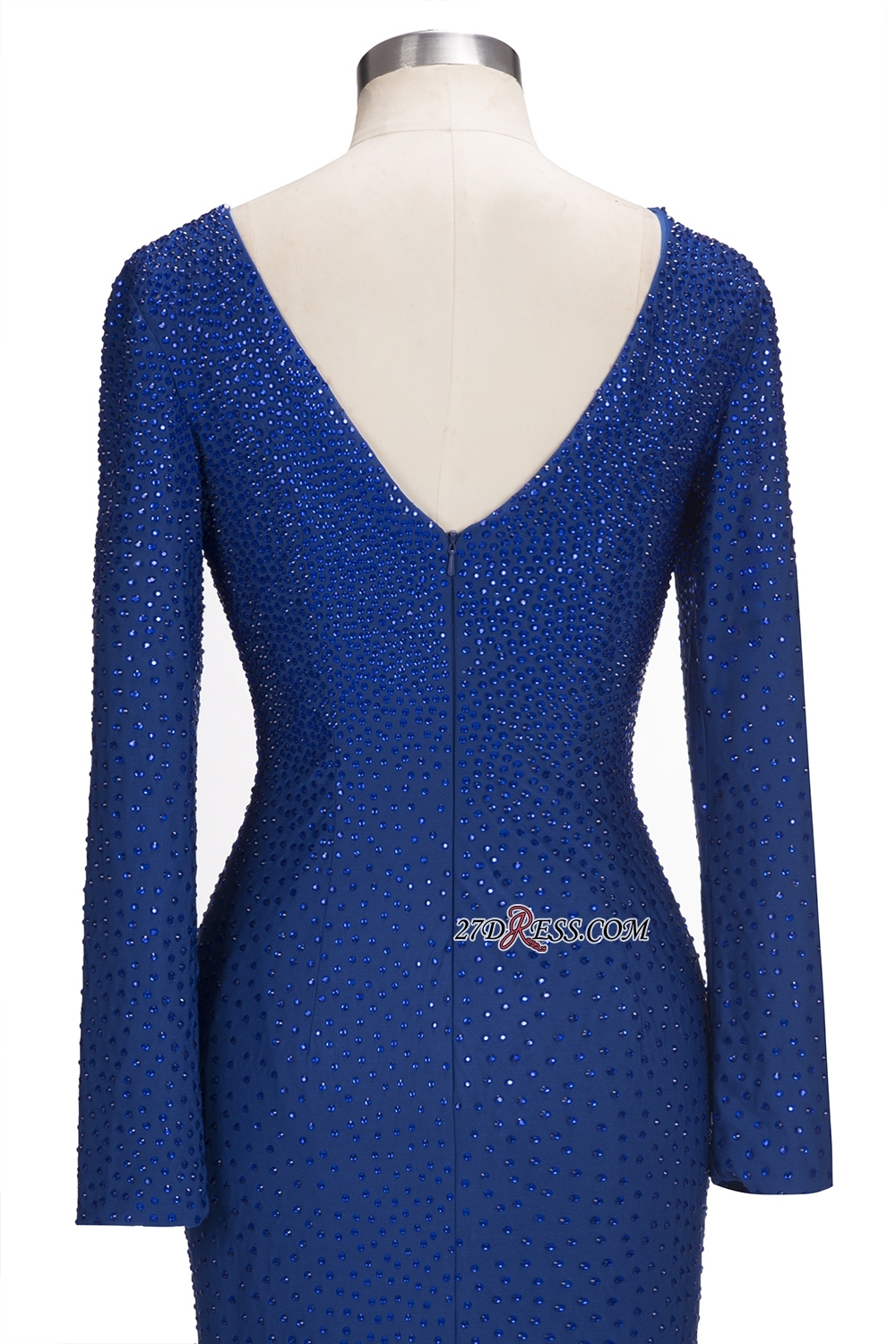 Knee-Length Beading Sheath Long-Sleeves Royal-Blue Formal Dress UKes UK