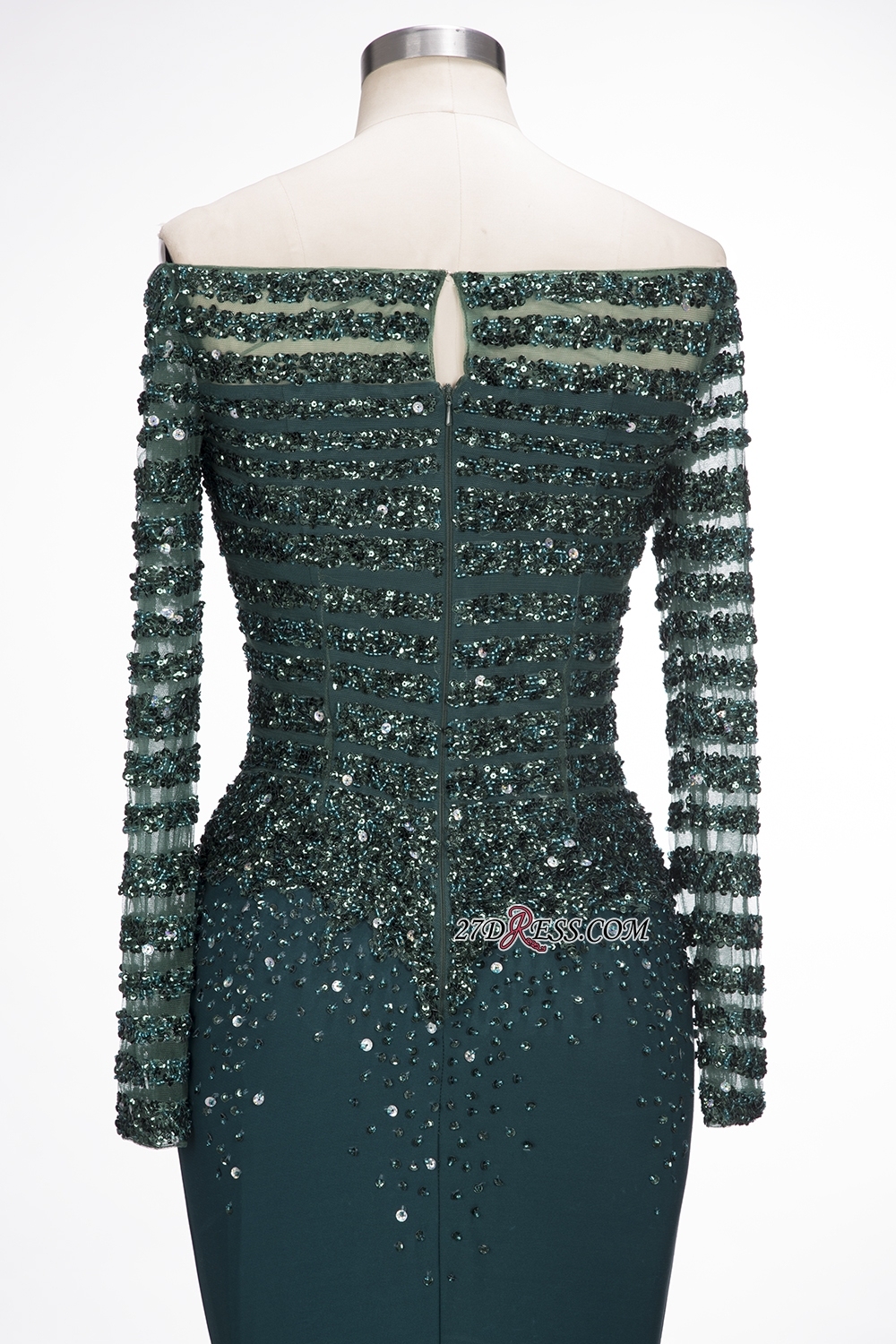 off-the-Shoulder Dark-Green Long-Sleeves Sequins Mermaid Evening Dress UK