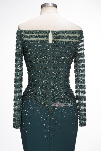 off-the-Shoulder Dark-Green Long-Sleeves Sequins Mermaid Evening Dress UK