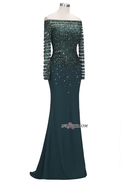 off-the-Shoulder Dark-Green Long-Sleeves Sequins Mermaid Evening Dress UK