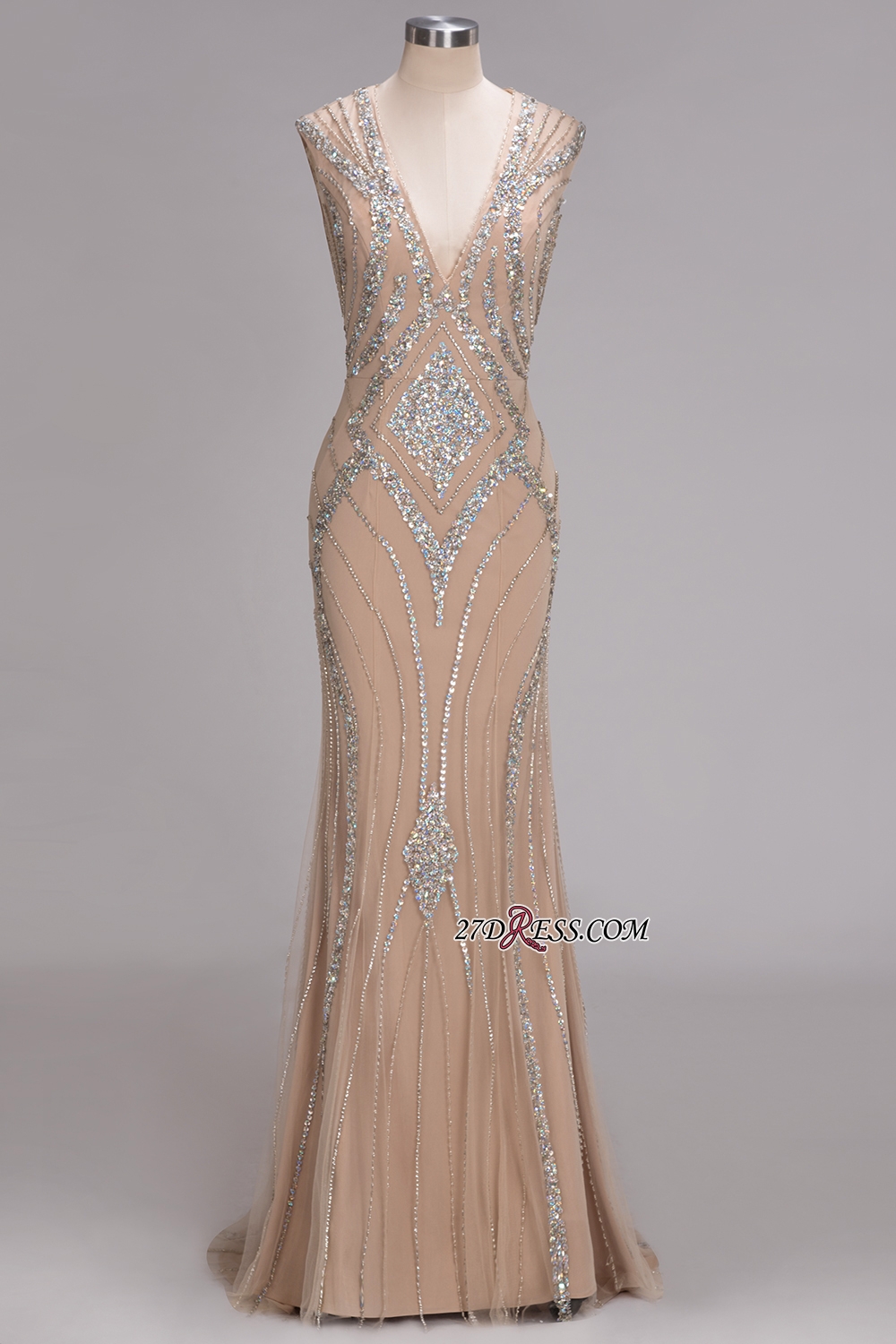 Sleeveless Beadings Long Mermaid V-Neck Luxury Crystal Prom Dress UK