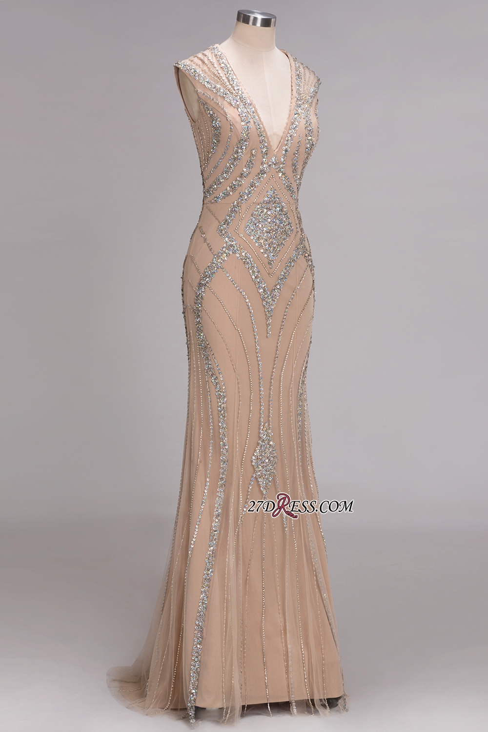 Sleeveless Beadings Long Mermaid V-Neck Luxury Crystal Prom Dress UK