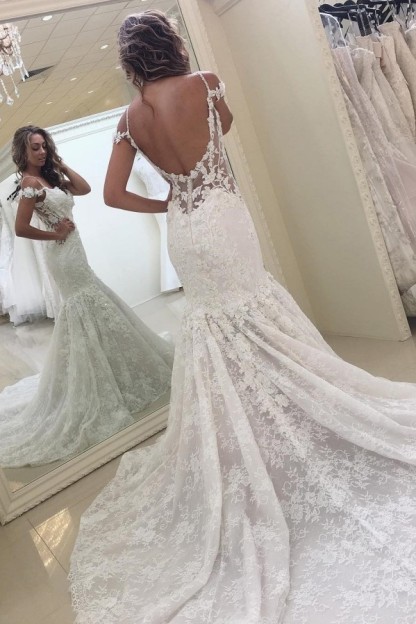 White Mermaid Off-the-shoulder Lace Modern Wedding Dress