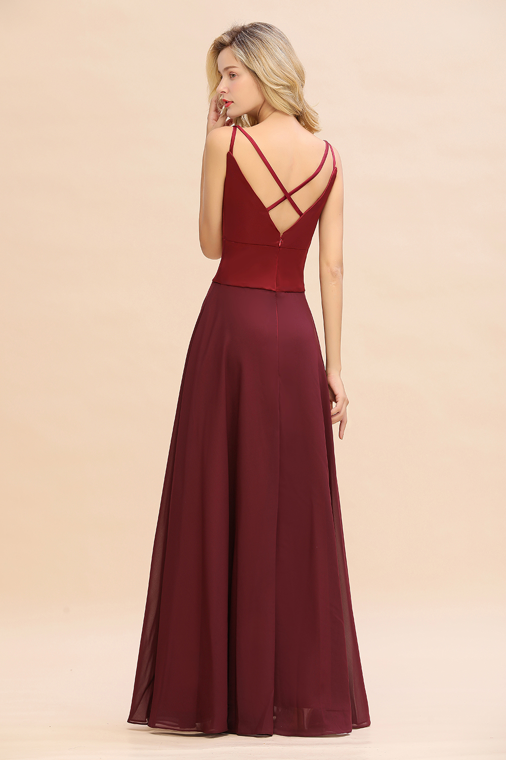 Elegant Spaghetti-Straps Burgundy Long Satin Bridesmaid Dress