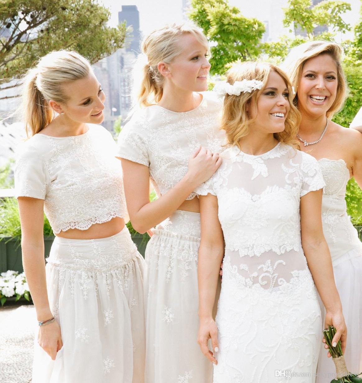 Modern White Two Piece A-line Bridesmaid Dress UK Lace Short Sleeve Jewel