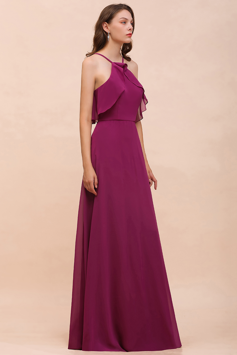 Chic Halter Chiffon Long Bridesmaid Dress Mulberry A-line Wedding Guest Dress