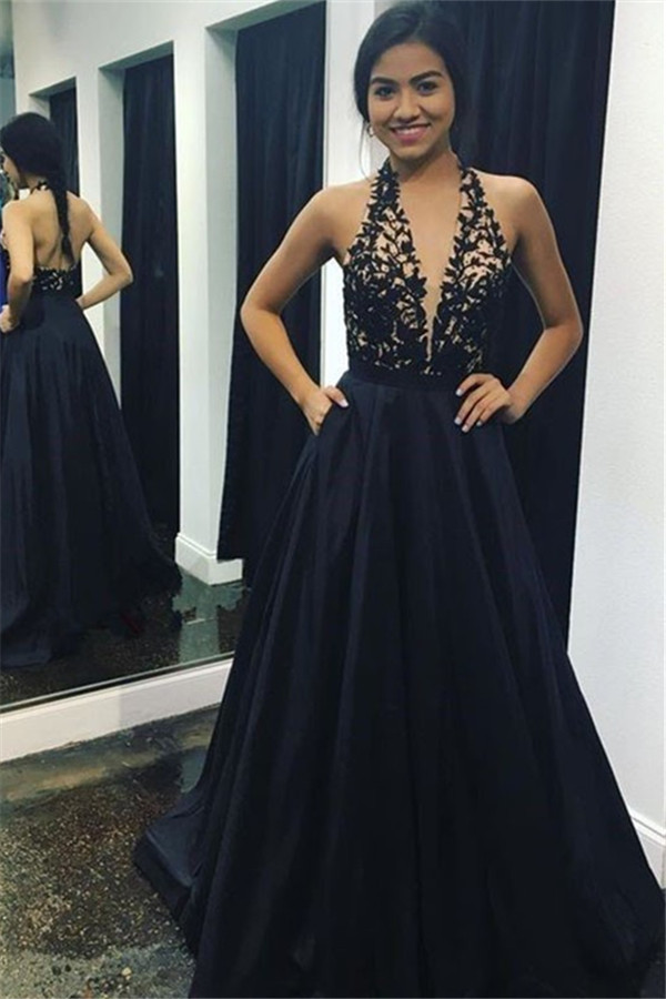 Black Applique Halter Prom Dress UKes UK Sleeveless Elegant Evening Dress UKes UK with Pocket