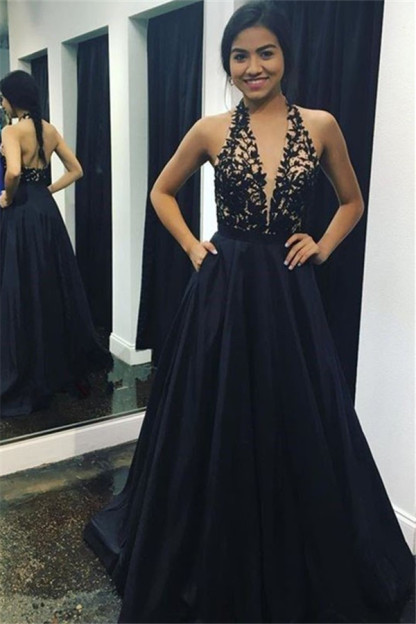 Black Applique Halter Prom Dress UKes UK Sleeveless Elegant Evening Dress UKes UK with Pocket