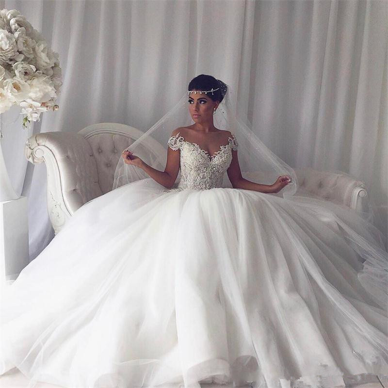 Modest Ball Gown Lace Off-the-shoulder Wedding Dress | Ivory Bridal Gown