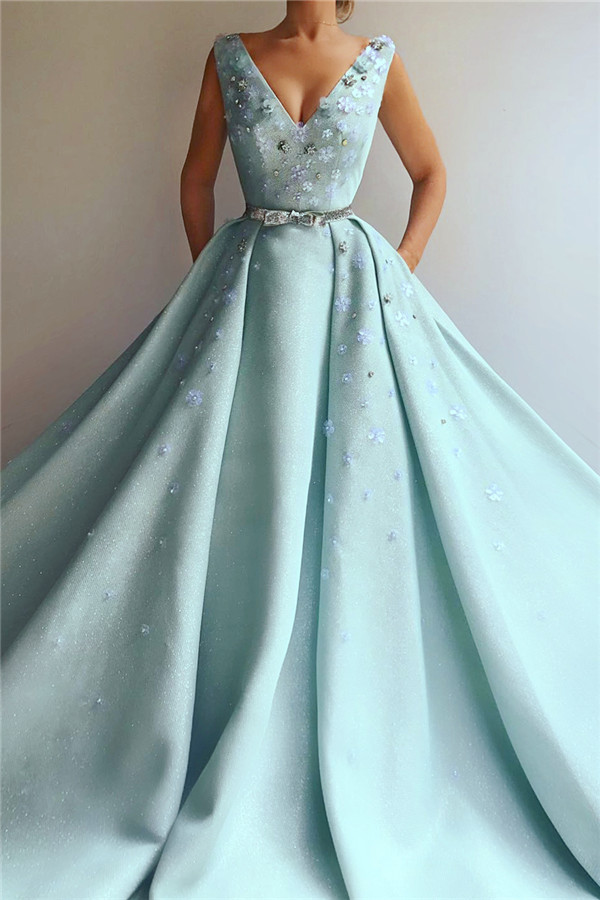 Sexy Sequins V-Neck Sleeveless Evening Dress | Flowers Pearls Long Prom Dress with Beaded Sash