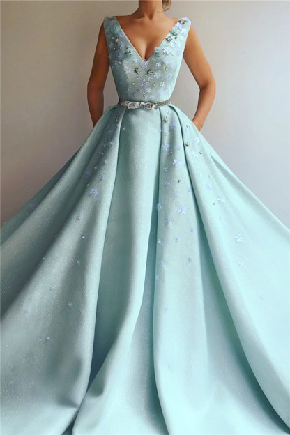 Sexy Sequins V-Neck Sleeveless Evening Dress | Flowers Pearls Long Prom Dress with Beaded Sash