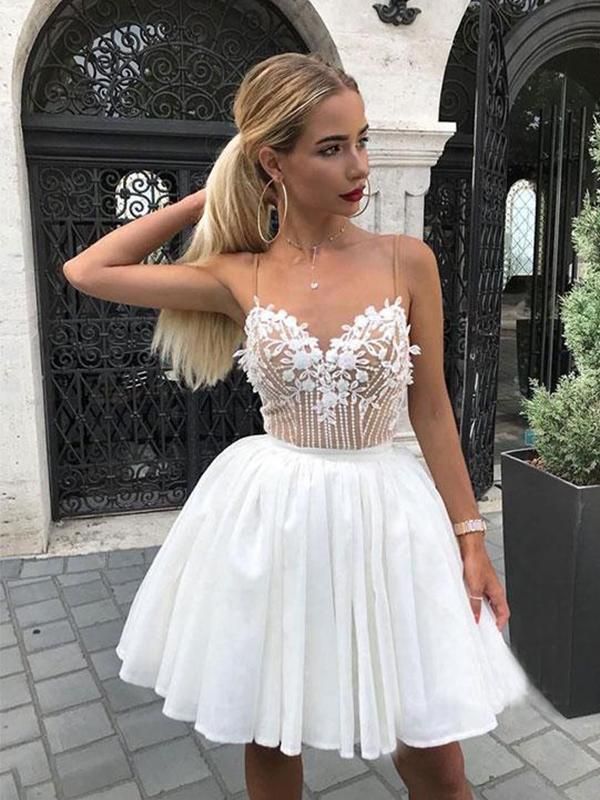 Sexy White Chiffon Spaghetti-Straps Appliques Mini Homecoming Dress