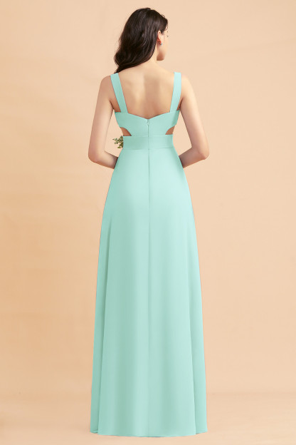Dusty Blue Chiffon Bridesmaid Dress with Side Slit Long Wedding Guest Dress