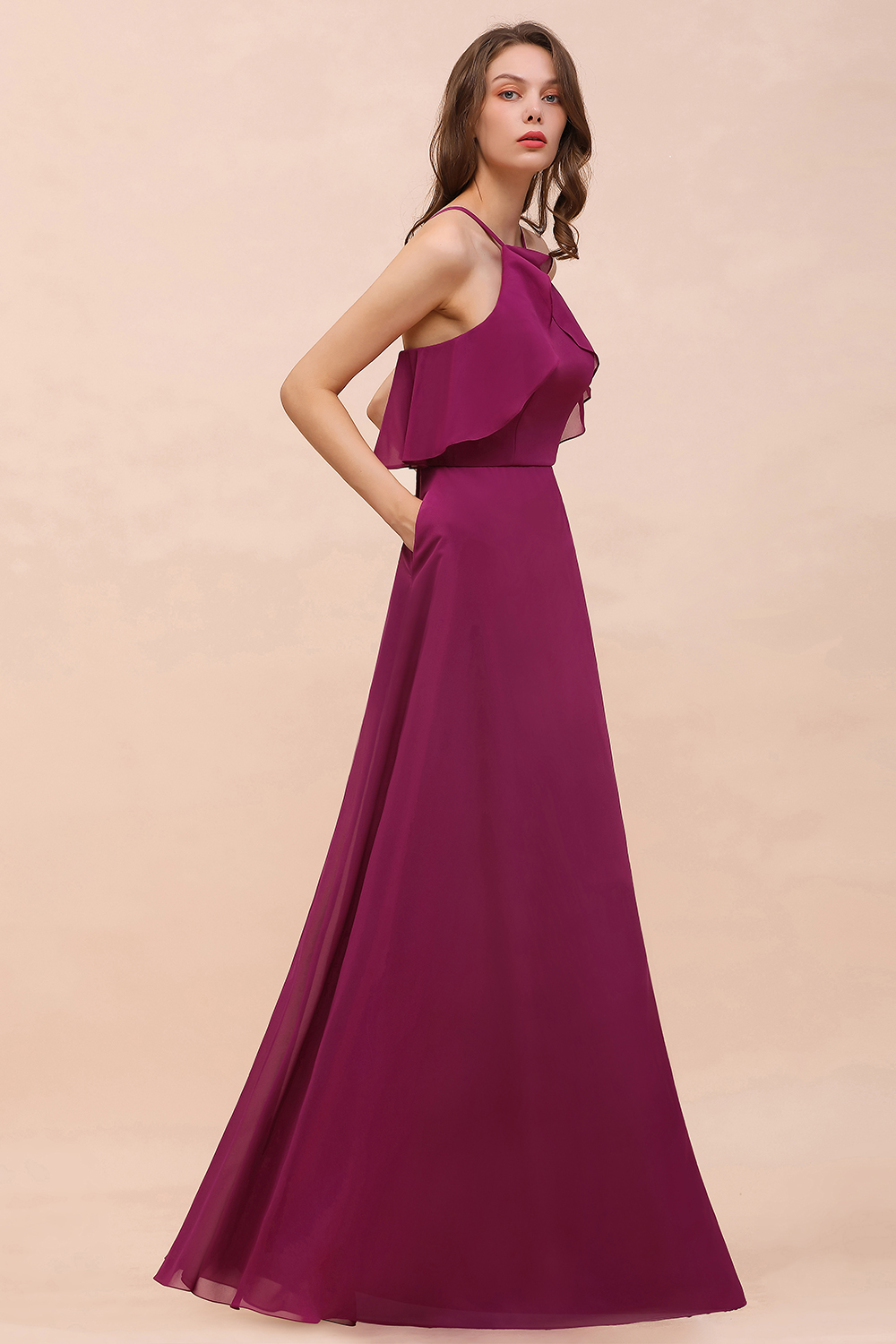 Chic Halter Chiffon Long Bridesmaid Dress Mulberry A-line Wedding Gues   27Dress.co.uk