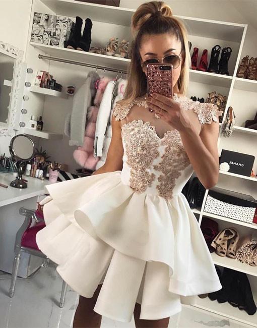 Lace-Appliques Delicate High-neck Cap-Sleeve Short Homecoming Dress UK BA7206