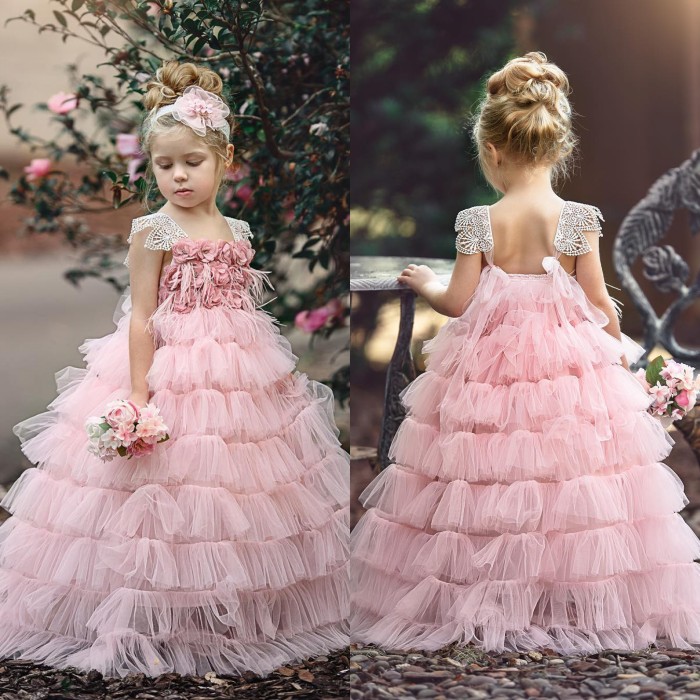 Pink Layers Tulle Flower Girl Dress | 2019 Lace Princess Girls Pageant Dress BA9852
