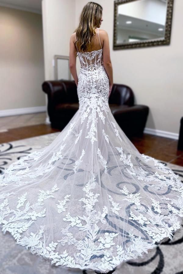 Elegant V-Neck Tulle Lace Appliques Mermaid/Trumpet Wedding Dresses Spaghetti Straps-27Dress.co.uk