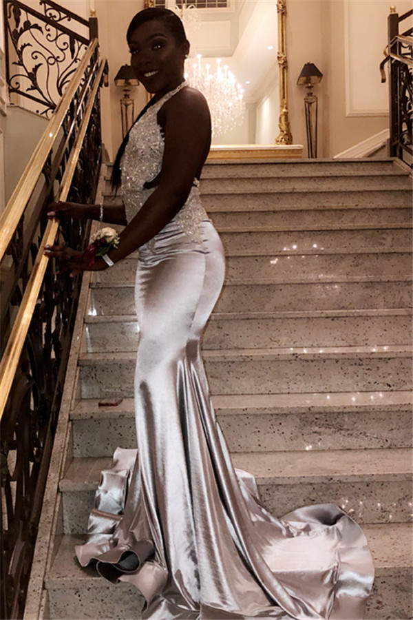 Chic Halter V-Neck Sleeveless Crystals Sequined Elegant Mermaid Prom Dress UKes UK UK