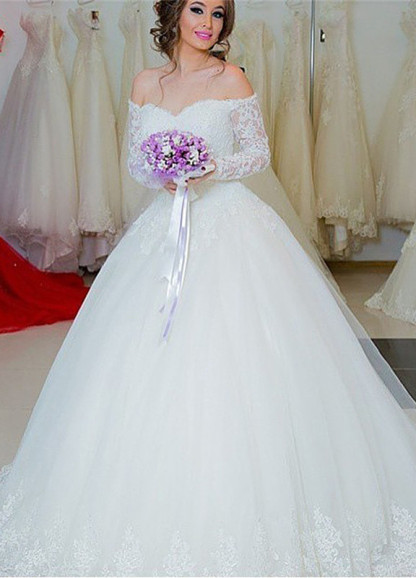 Chic Off-the-shoulder Lace Wedding Dress Tulle Ball Gown Long Sleeve ba5341