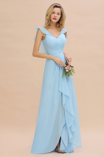 V-Neck A-line Bridesmaid Dress Chiffon Long Wedding Party Dress with Split