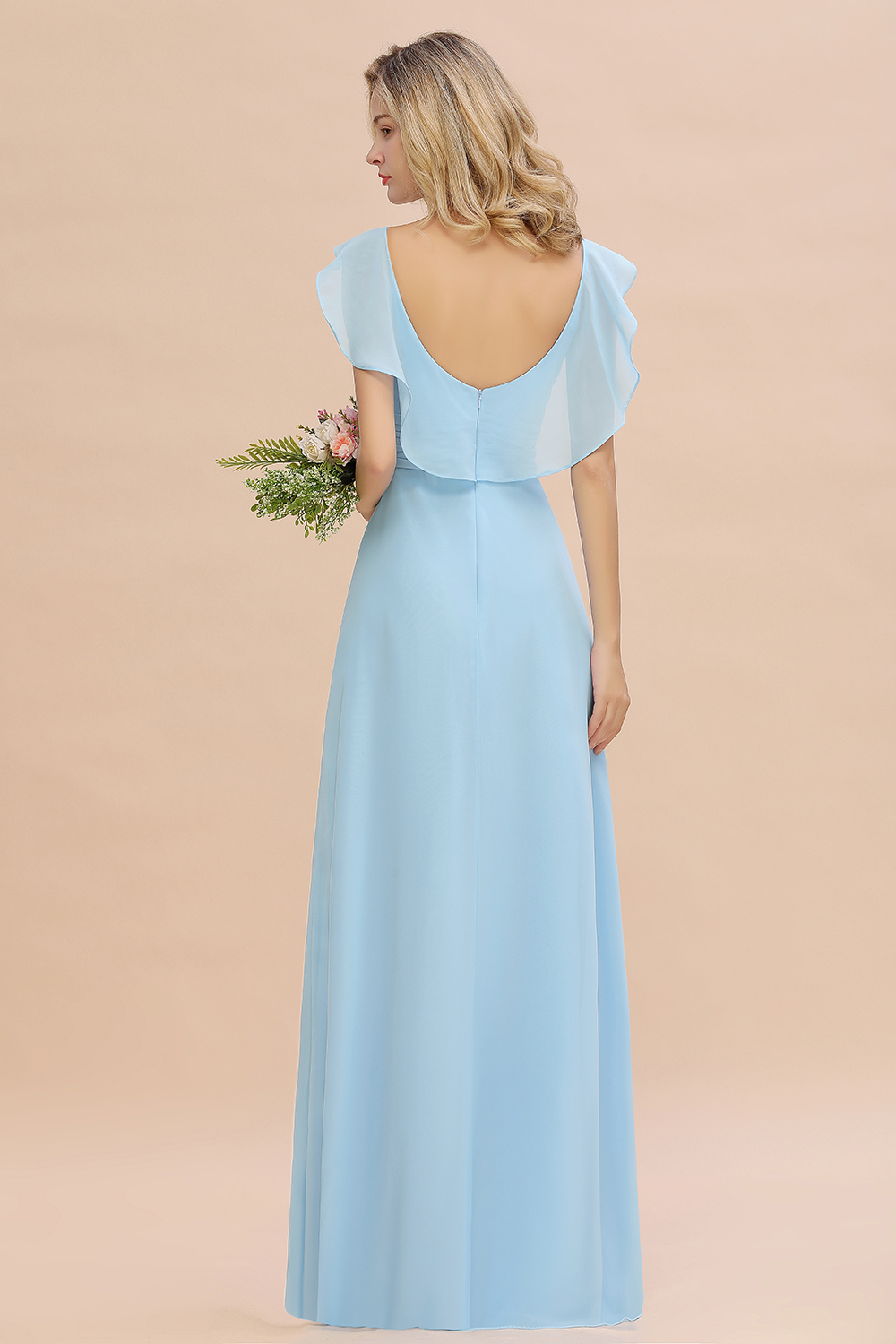 V-Neck A-line Bridesmaid Dress Chiffon Long Wedding Party Dress with Split