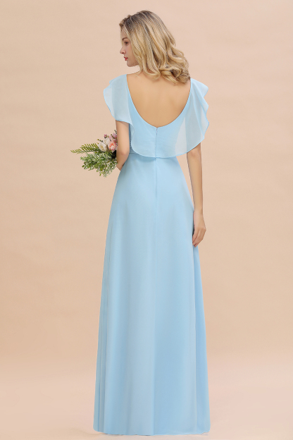 V-Neck A-line Bridesmaid Dress Chiffon Long Wedding Party Dress with Split