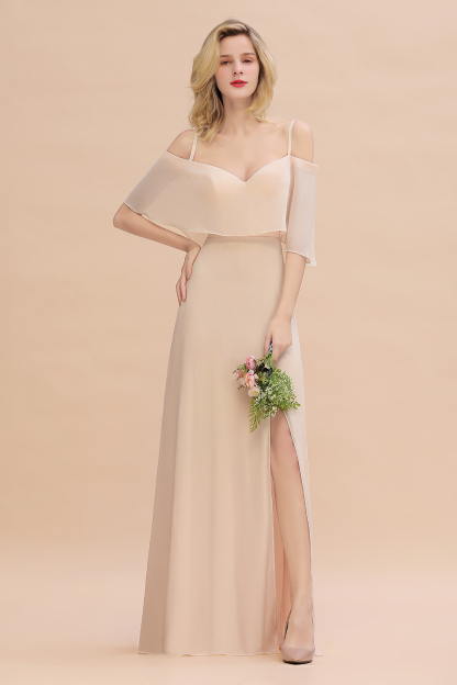 Elegant Champagne Off the Shoulder Chiffon Bridesmaid Dress Side Slit Wedding Guest Dress