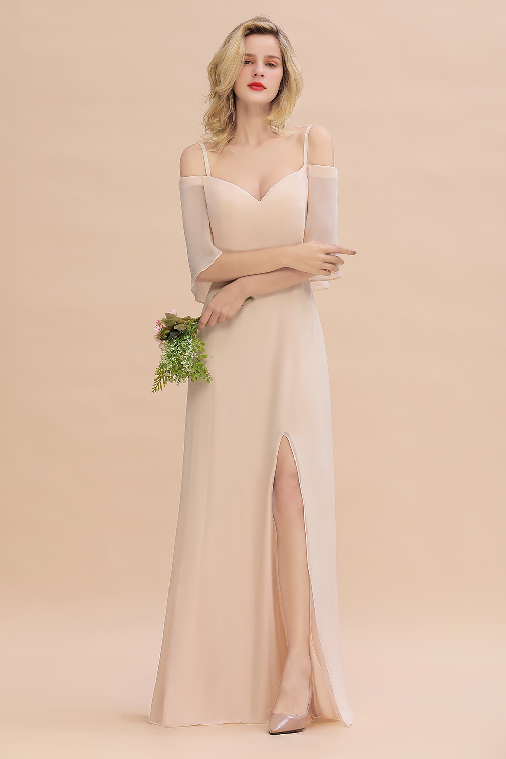 Elegant Champagne Off the Shoulder Chiffon Bridesmaid Dress Side Slit Wedding Guest Dress