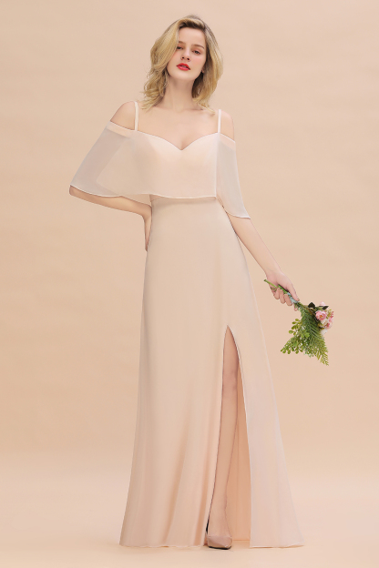 Elegant Champagne Off the Shoulder Chiffon Bridesmaid Dress Side Slit Wedding Guest Dress
