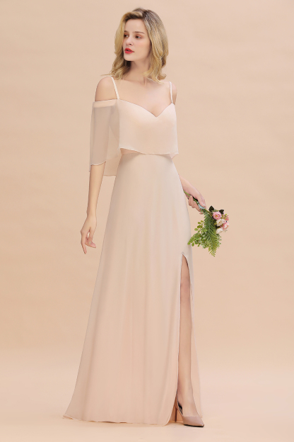 Elegant Champagne Off the Shoulder Chiffon Bridesmaid Dress Side Slit Wedding Guest Dress