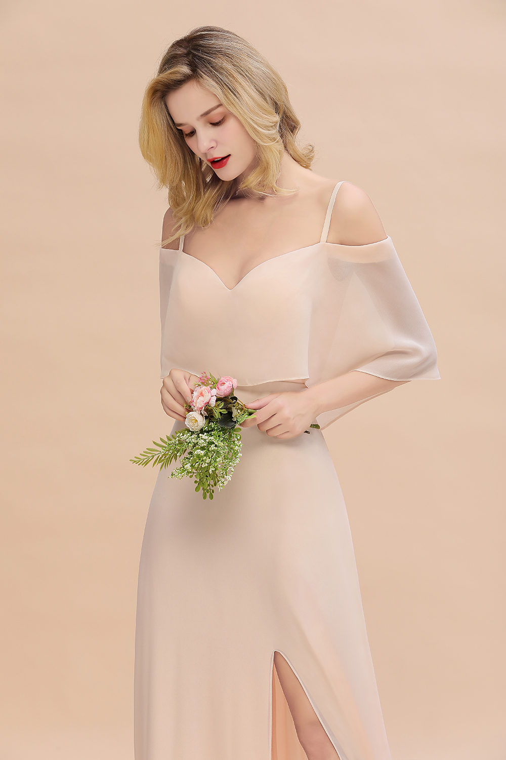 Elegant Champagne Off the Shoulder Chiffon Bridesmaid Dress Side Slit Wedding Guest Dress