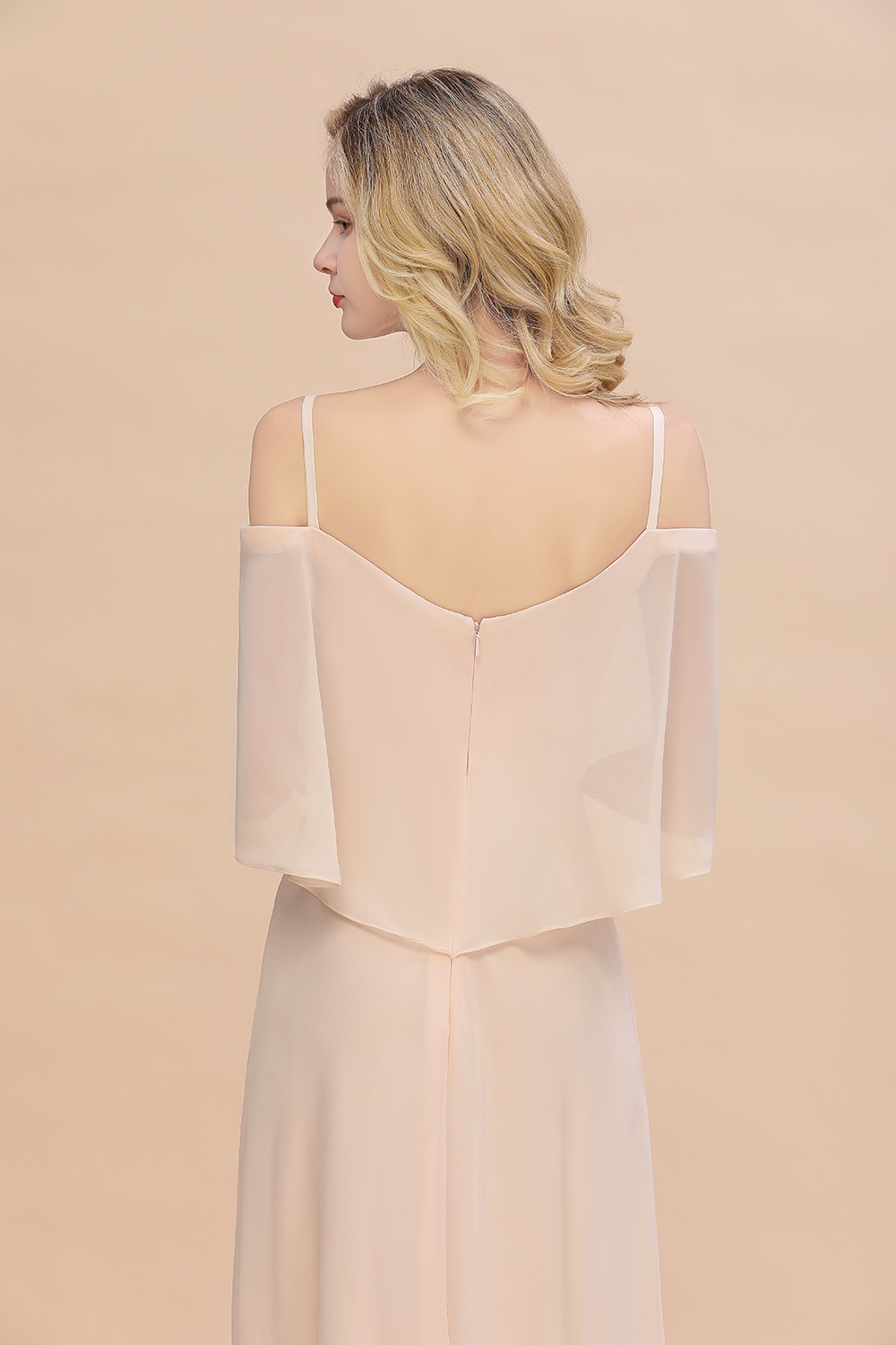 Elegant Champagne Off the Shoulder Chiffon Bridesmaid Dress Side Slit Wedding Guest Dress