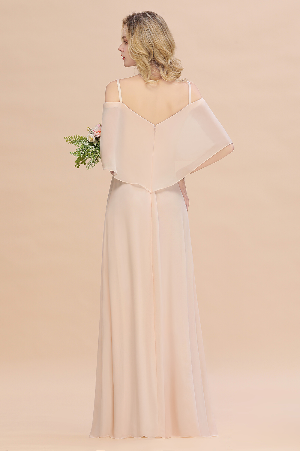 Elegant Champagne Off the Shoulder Chiffon Bridesmaid Dress Side Slit Wedding Guest Dress
